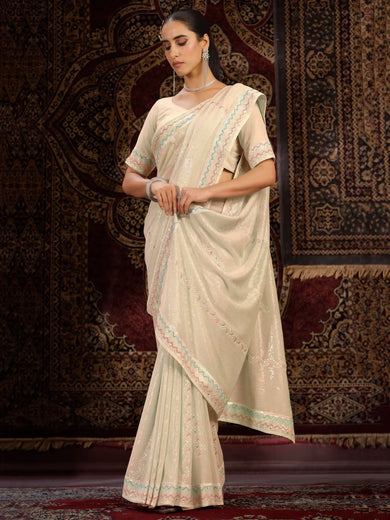 Beautiful Off-white Sequins Georgette Function Wear Saree With Blouse